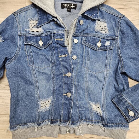 THRILL JEANS Womens Blue Gray Layered Distressed Denim Jean Jacket Medium - Picture 5 of 14